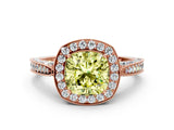 Rose gold Fancy Yellow Cushion Cut Halo Diamond Engagement Ring with Split Shank Band and Four-Prong Setting