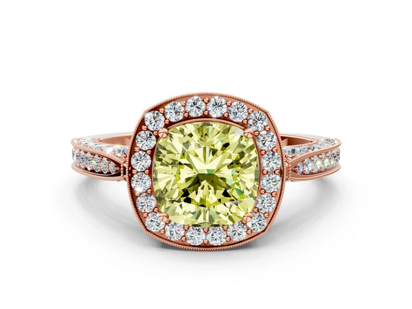 Rose gold Fancy Yellow Cushion Cut Halo Diamond Engagement Ring with Split Shank Band and Four-Prong Setting