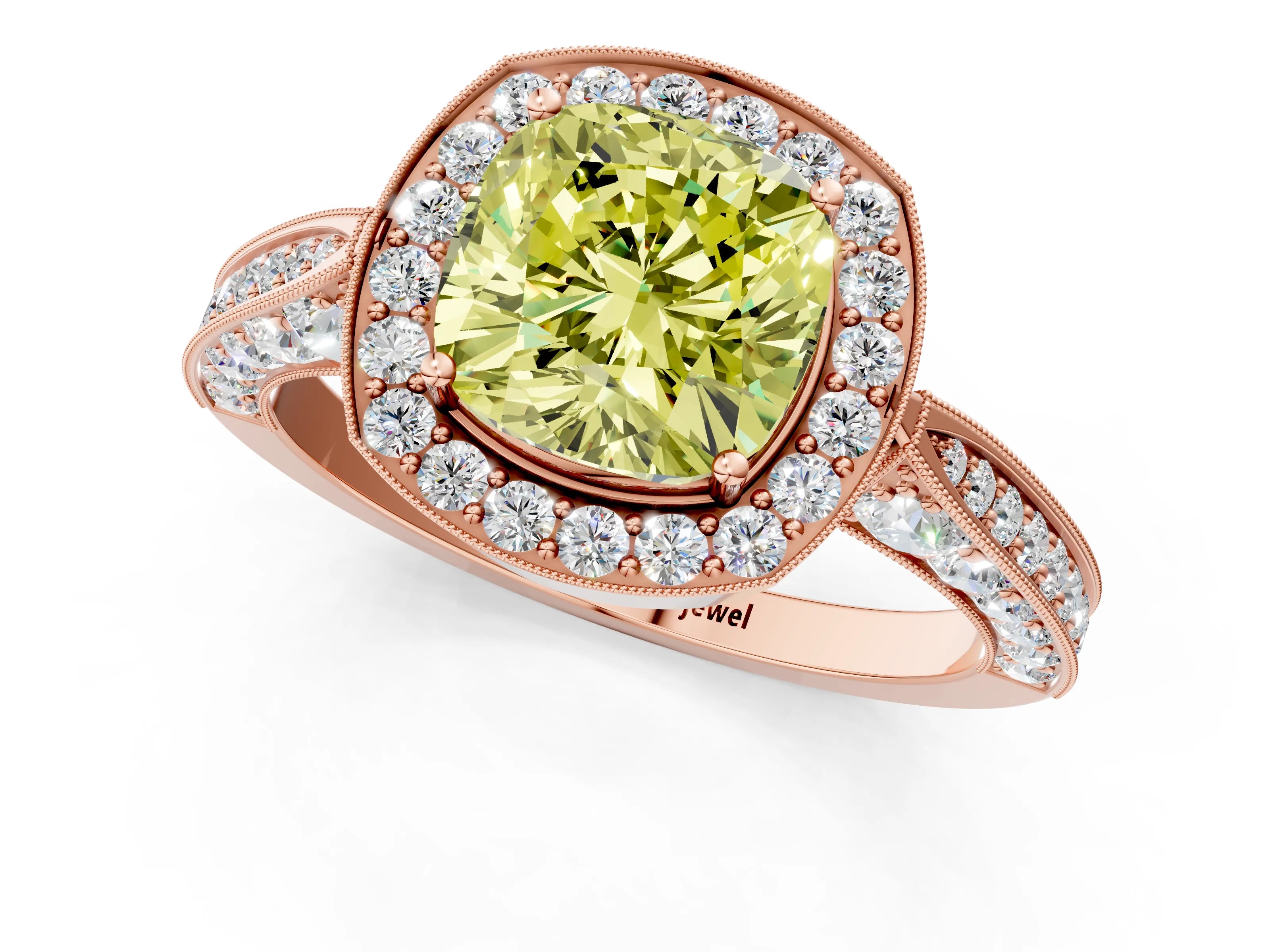 Rose gold Fancy Yellow Cushion Cut Halo Diamond Engagement Ring with Split Shank Band and Four-Prong Setting_1