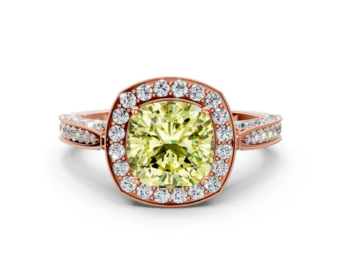 Rose gold Fancy Yellow Cushion Cut Halo Diamond Engagement Ring with Split Shank Band and Four-Prong Setting