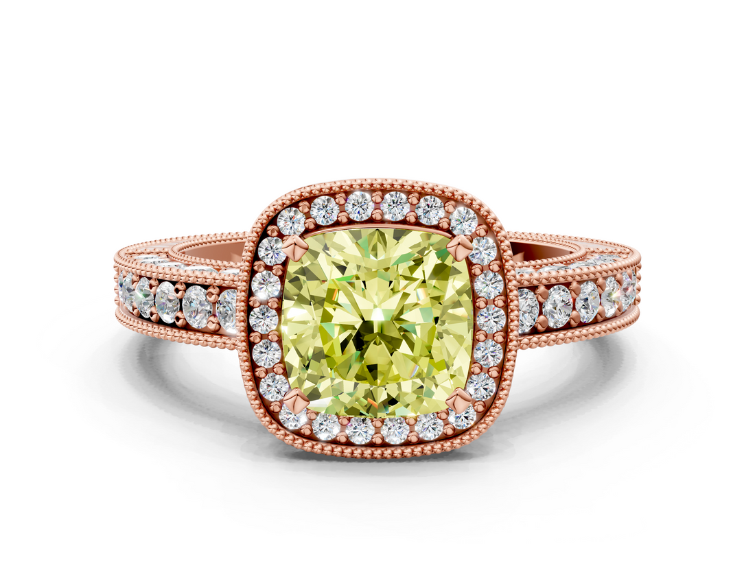 Rose gold Fancy Yellow Cushion  Cut Halo Diamond Pave Band Ring with Four-Prong Setting_45