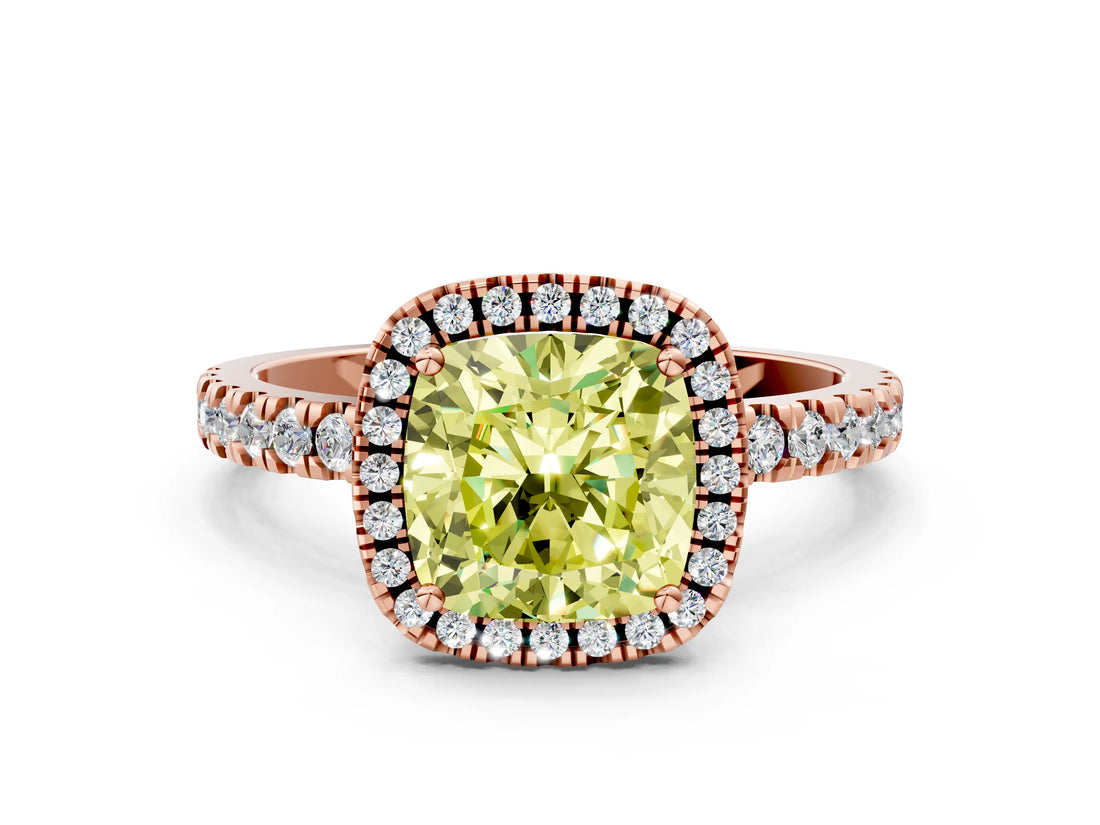 Rose gold Fancy Yellow Cushion Cut Halo Diamond Pave Band with Prong Setting