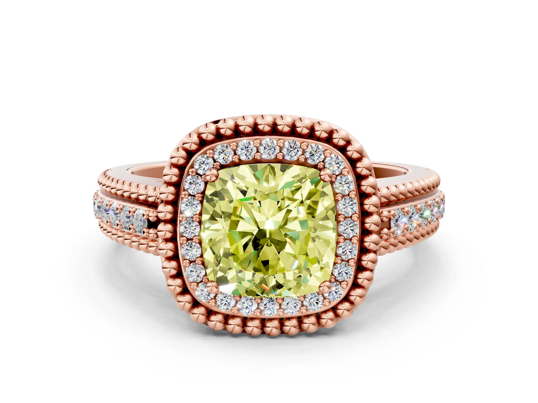 Rose gold Fancy Yellow Cushion Cut Halo Diamond Ring with Beaded Split Shank and Four-Prong Setting