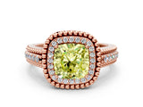 Rose gold Fancy Yellow Cushion Cut Halo Diamond Ring with Beaded Split Shank and Four-Prong Setting