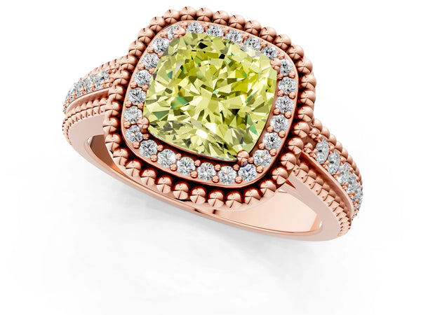 Rose Gold Cushion Cut Beaded Halo Engagement Ring Setting for Fancy Yellow Center with Pave