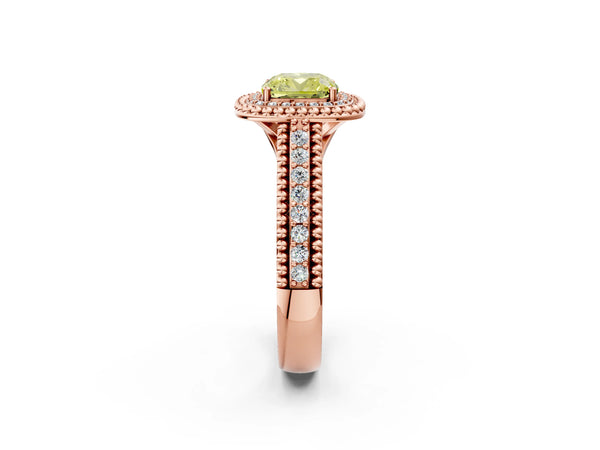 Rose Gold Cushion Cut Beaded Halo Engagement Ring Setting for Fancy Yellow Center with Pave