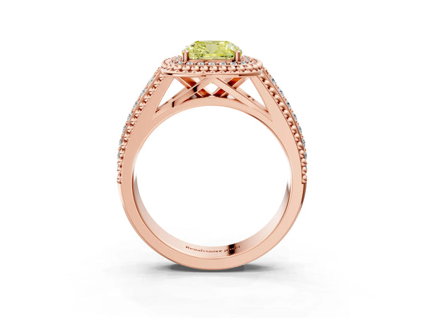 Rose Gold Cushion Cut Beaded Halo Engagement Ring Setting for Fancy Yellow Center with Pave