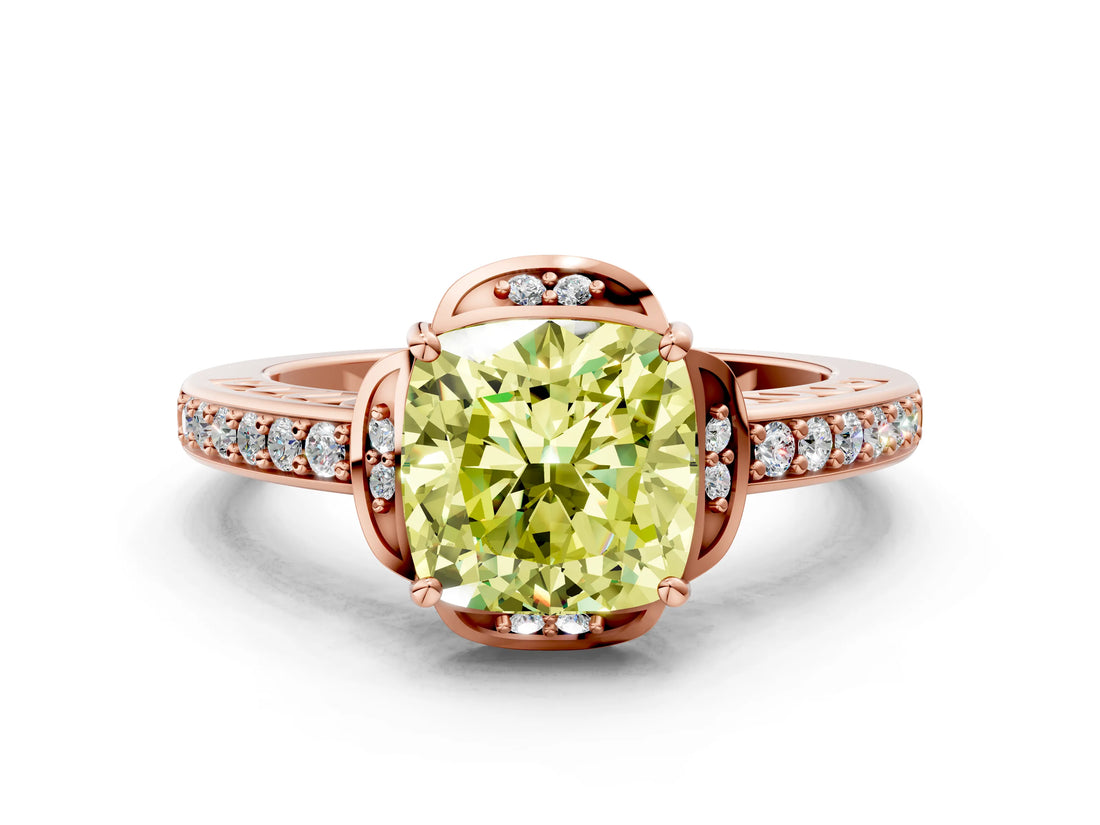 Rose gold Fancy Yellow Cushion  Cut Halo Diamond Ring with Channel Set Band and Four-Prong Setting_51