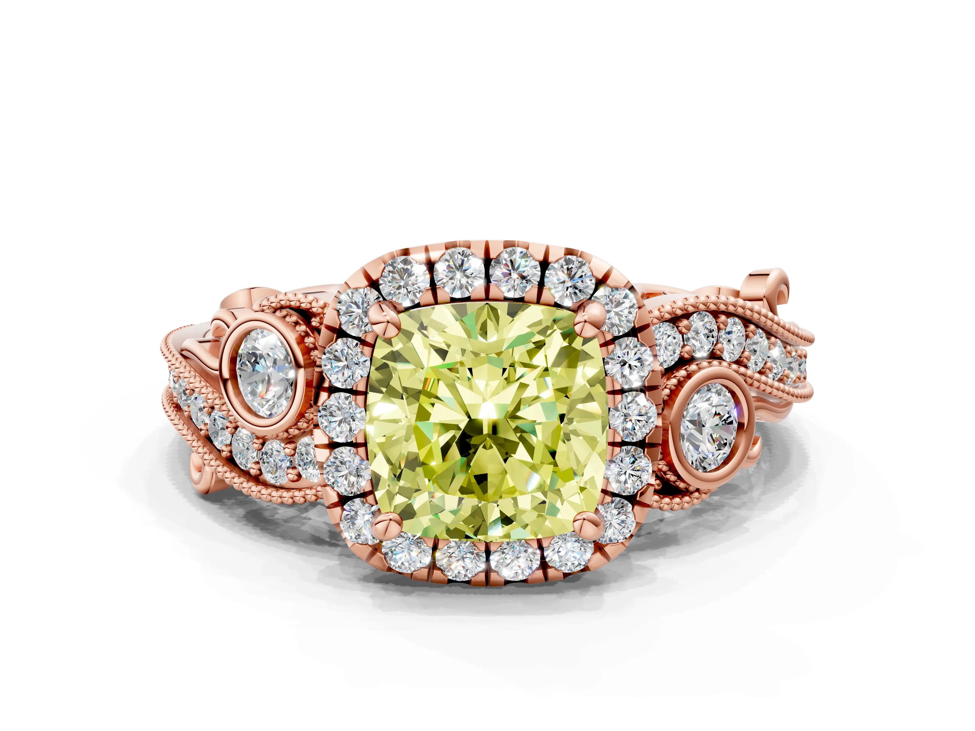 Rose gold Fancy Yellow Cushion Cut Halo Diamond Ring with Milgrain and Bezel Accents on a Split Shank Band