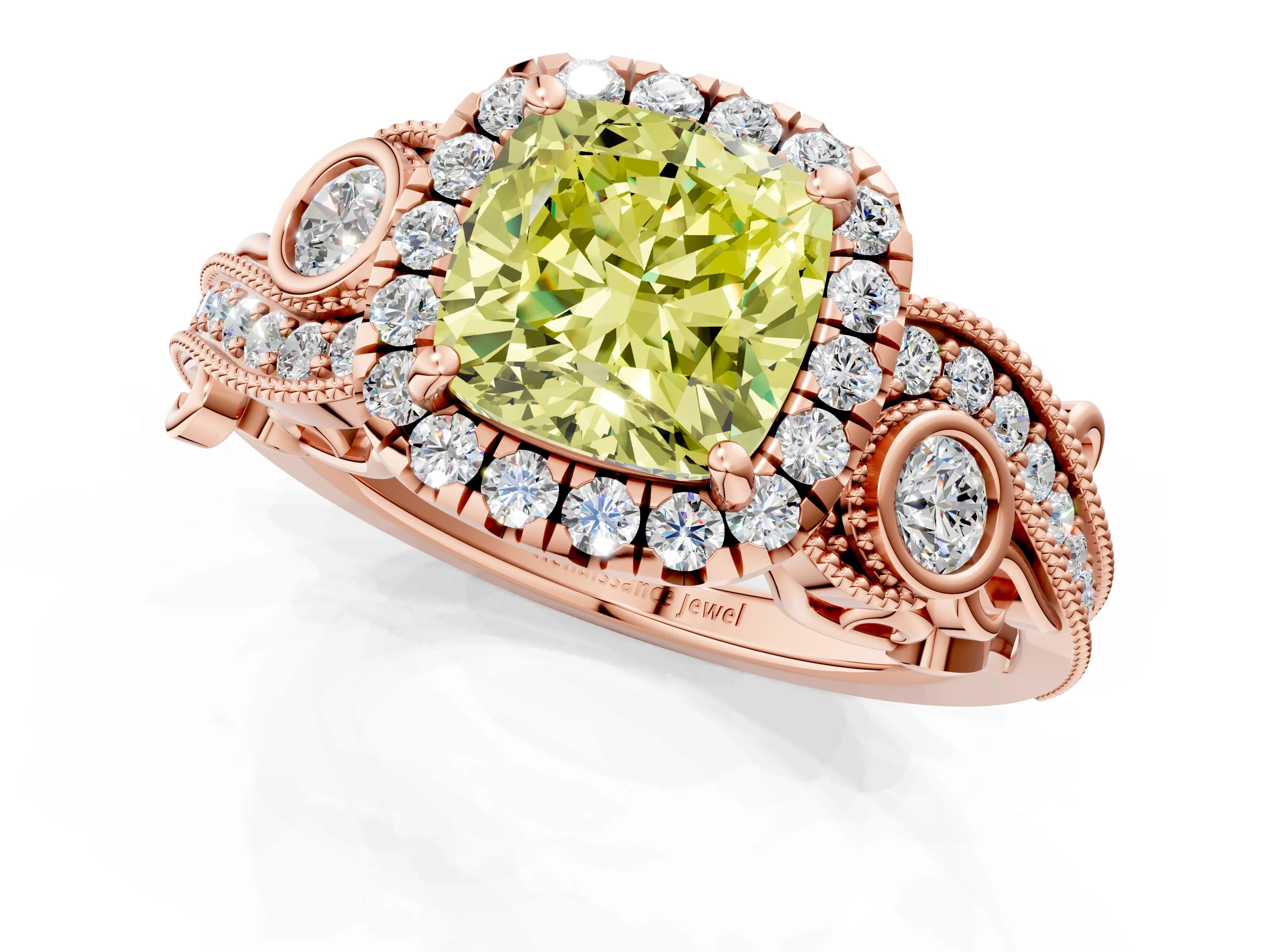 Rose gold Fancy Yellow Cushion Cut Halo Diamond Ring with Milgrain and Bezel Accents on a Split Shank Band_1
