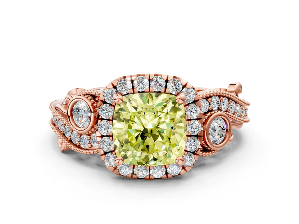 Rose gold Fancy Yellow Cushion Cut Halo Diamond Ring with Milgrain and Bezel Accents on a Split Shank Band