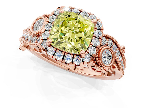 Rose gold Fancy Yellow Cushion Cut Halo Diamond Ring with Milgrain and Bezel Accents on a Split Shank Band