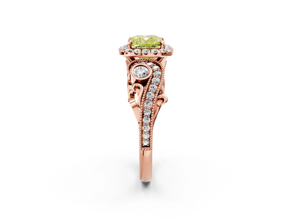 Rose gold Fancy Yellow Cushion Cut Halo Diamond Ring with Milgrain and Bezel Accents on a Split Shank Band