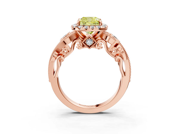 Rose gold Fancy Yellow Cushion Cut Halo Diamond Ring with Milgrain and Bezel Accents on a Split Shank Band