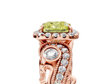 Rose gold Fancy Yellow Cushion Cut Halo Diamond Ring with Milgrain and Bezel Accents on a Split Shank Band_17