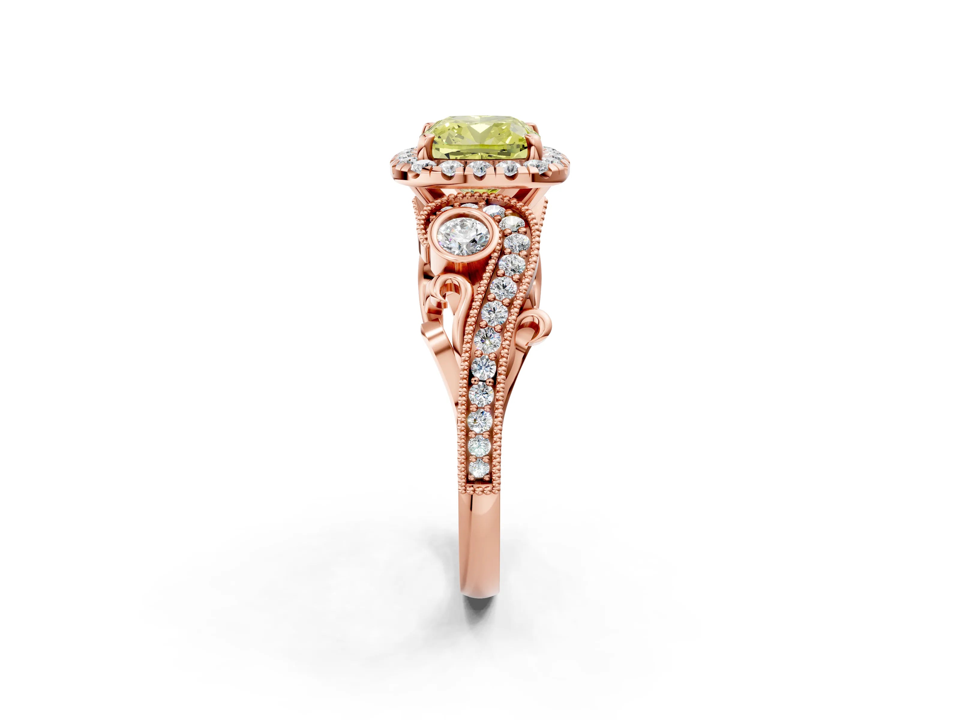Rose gold Fancy Yellow Cushion Cut Halo Diamond Ring with Milgrain and Bezel Accents on a Split Shank Band_2