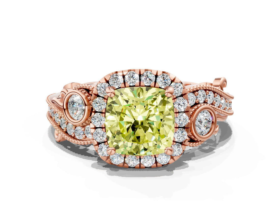 Rose gold Fancy Yellow Cushion Cut Halo Diamond Ring with Milgrain and Bezel Accents on a Split Shank Band_24