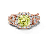 Rose gold Fancy Yellow Cushion Cut Halo Diamond Ring with Milgrain and Bezel Accents on a Split Shank Band_24