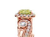 Rose gold Fancy Yellow Cushion Cut Halo Diamond Ring with Milgrain and Bezel Accents on a Split Shank Band_29