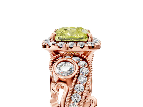 Rose gold Fancy Yellow Cushion Cut Halo Diamond Ring with Milgrain and Bezel Accents on a Split Shank Band_5