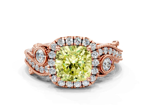 Rose gold Fancy Yellow Cushion Cut Halo Diamond Ring with Milgrain and Bezel Accents on a Split Shank Band