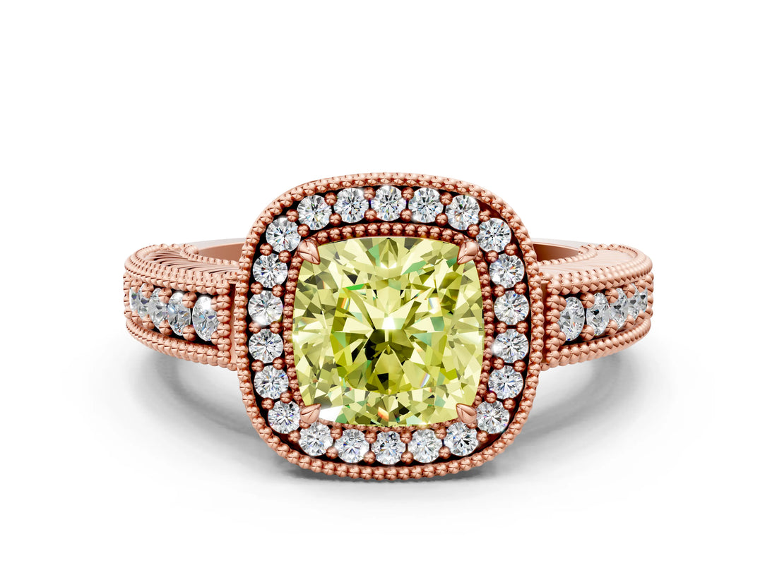 Rose gold Fancy Yellow Cushion  Cut Halo Diamond Ring with Pavé Band and Four-Prong Setting_91