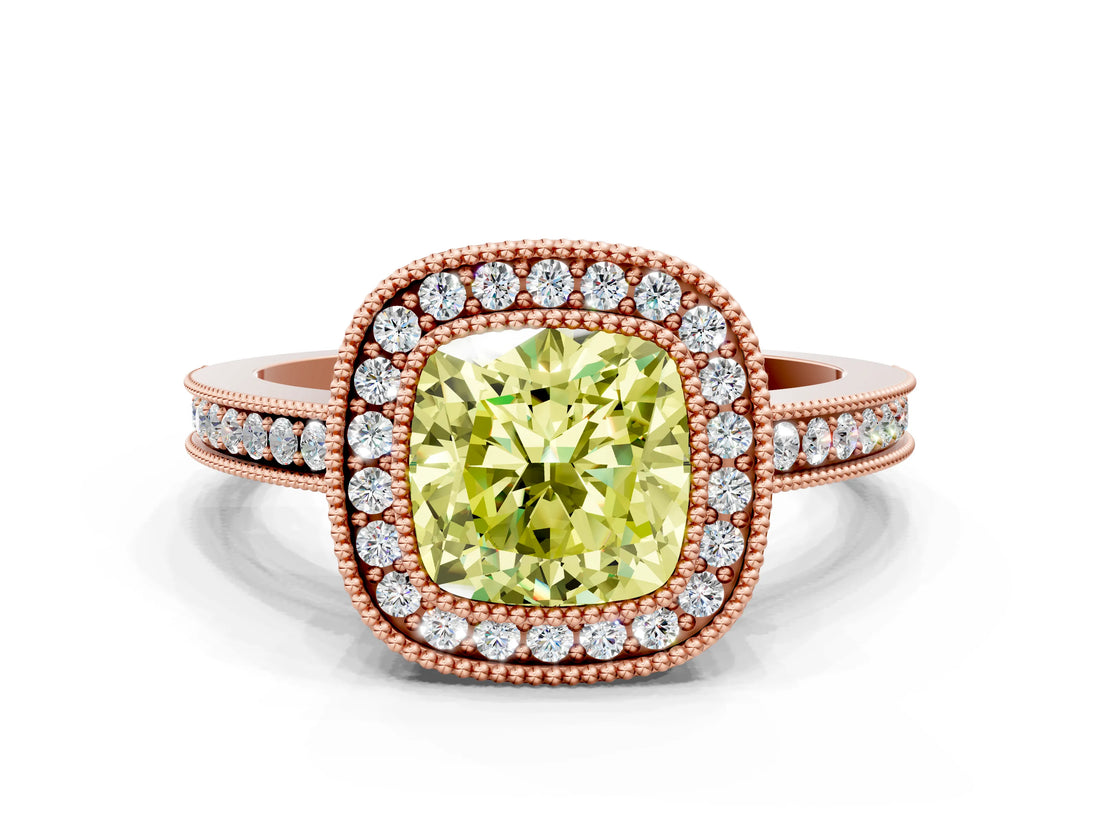 Rose gold Fancy Yellow Cushion  Cut Halo Diamond Ring with Pavé Band and Milgrain Prong Setting_32