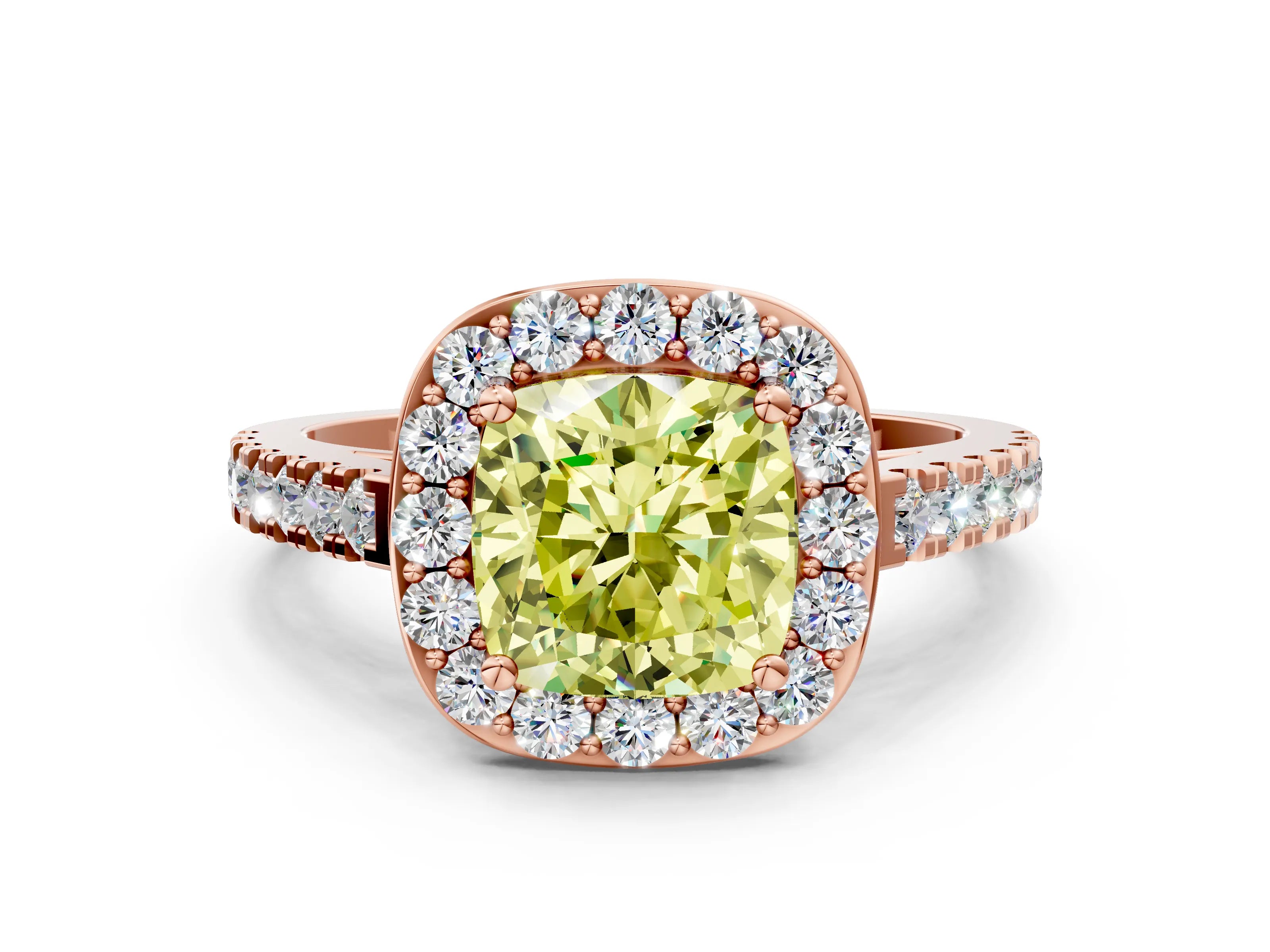 Rose gold Fancy Yellow Cushion Cut Halo Diamond Ring with Pavé Band and Three-Prong Setting