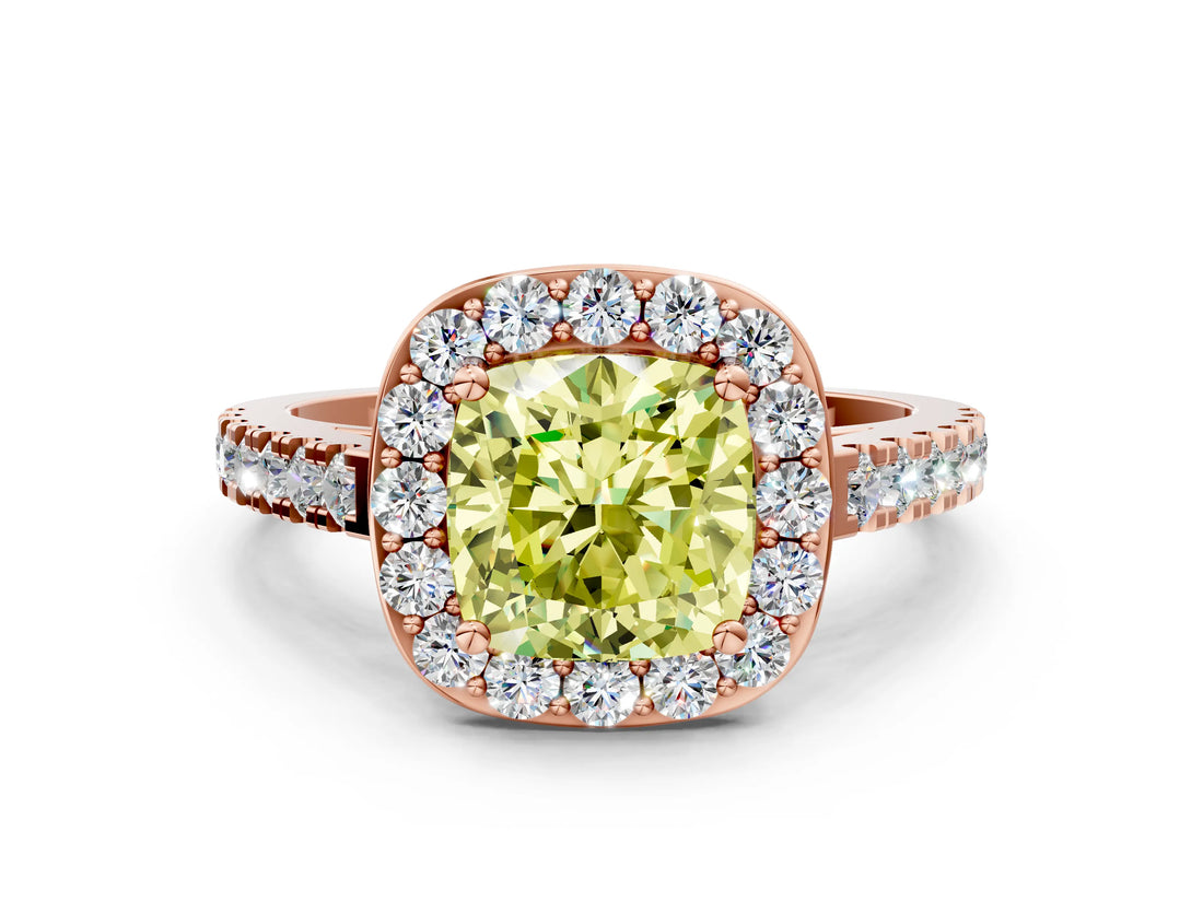 Rose gold Fancy Yellow Cushion Cut Halo Diamond Ring with Pavé Band and Three-Prong Setting