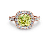 Rose gold Fancy Yellow Cushion Cut Halo Diamond Ring with Pavé Band and Three-Prong Setting