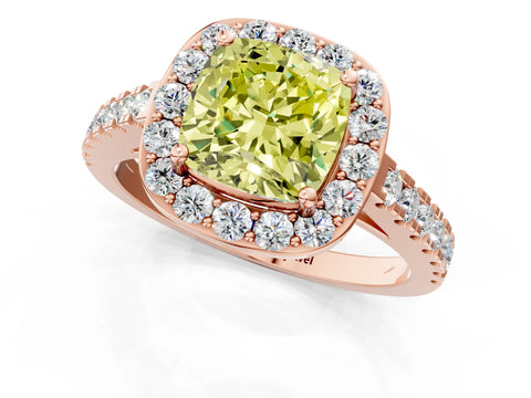 Rose gold Fancy Yellow Cushion Cut Halo Diamond Ring with Pavé Band and Three-Prong Setting_1