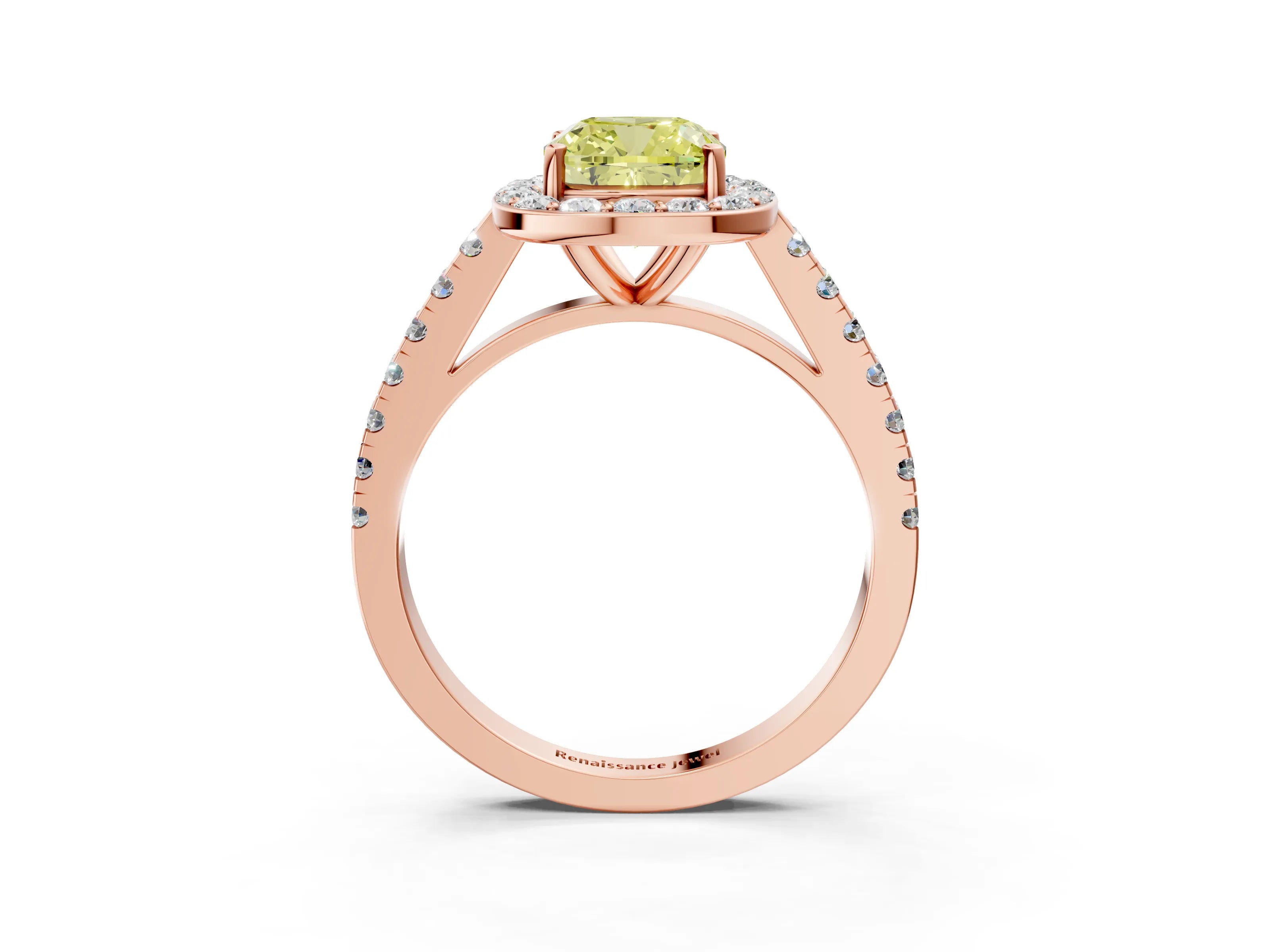Rose gold Fancy Yellow Cushion Cut Halo Diamond Ring with Pavé Band and Three-Prong Setting_3