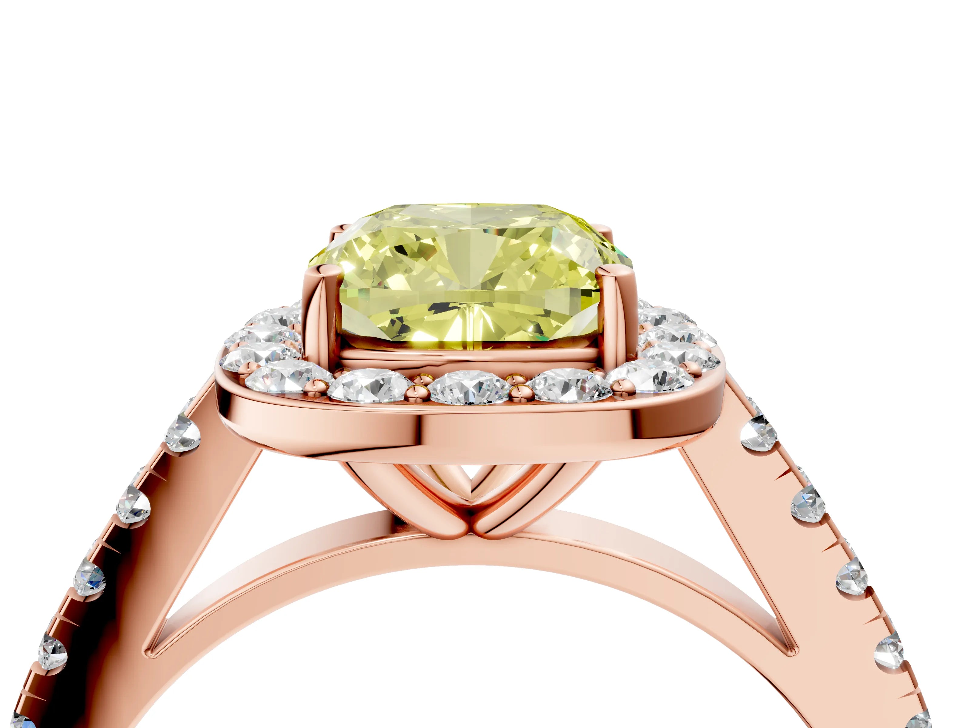 Rose gold Fancy Yellow Cushion Cut Halo Diamond Ring with Pavé Band and Three-Prong Setting_4