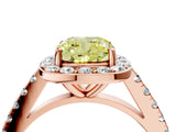 Rose gold Fancy Yellow Cushion Cut Halo Diamond Ring with Pavé Band and Three-Prong Setting_4