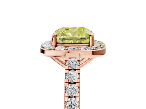 Rose gold Fancy Yellow Cushion Cut Halo Diamond Ring with Pavé Band and Three-Prong Setting_5