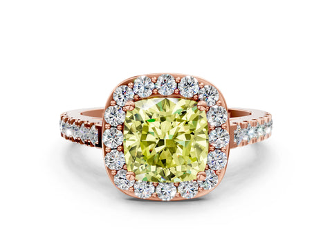 Rose gold Fancy Yellow Cushion Cut Halo Diamond Ring with Pavé Band and Three-Prong Setting