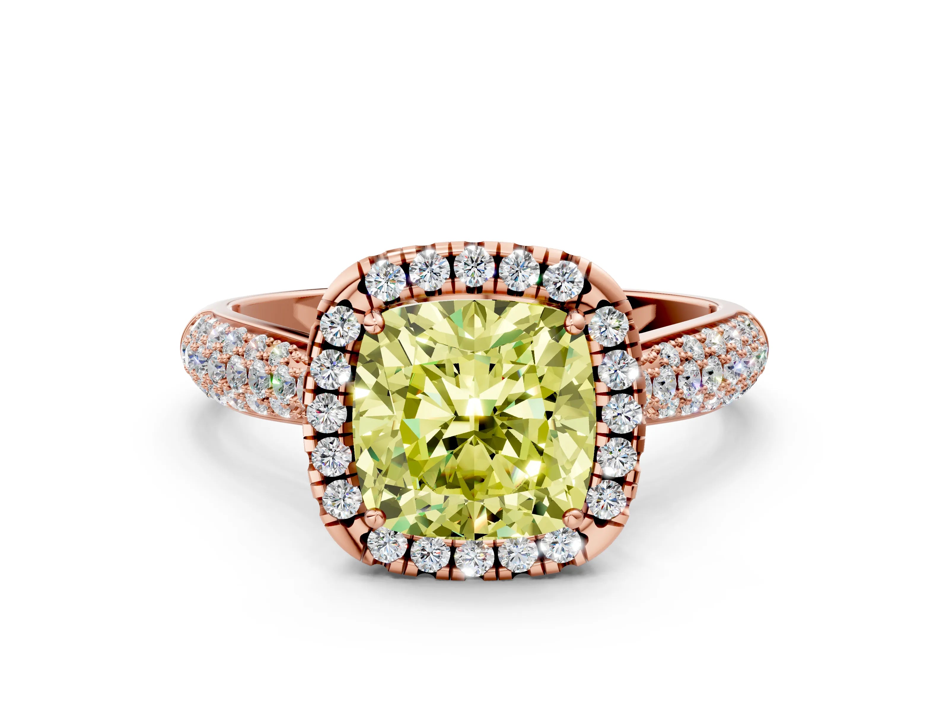 Rose gold Fancy Yellow Cushion Cut Halo Diamond Ring with Pavé Band