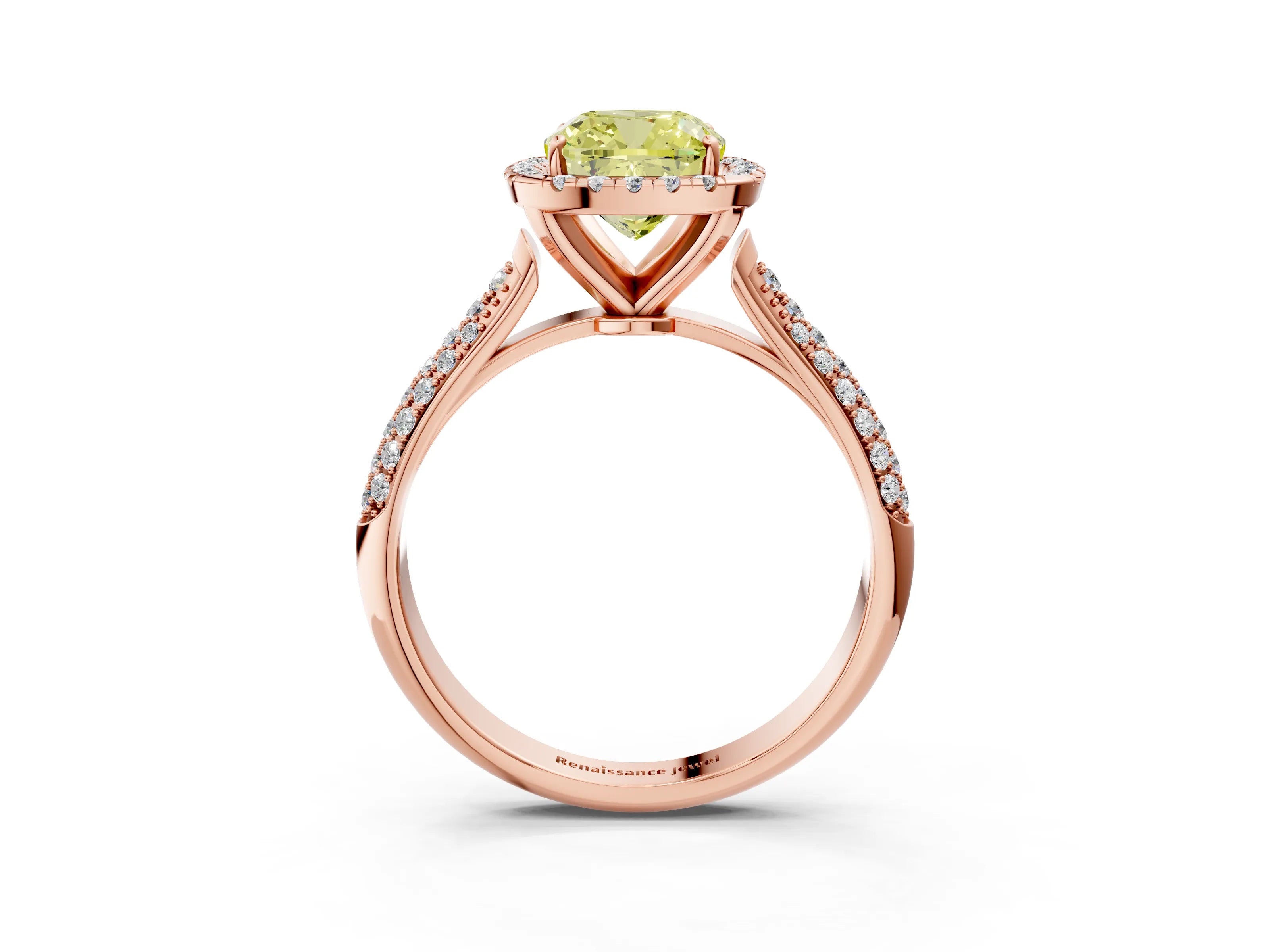 Rose gold Fancy Yellow Cushion Cut Halo Diamond Ring with Pavé Band_3