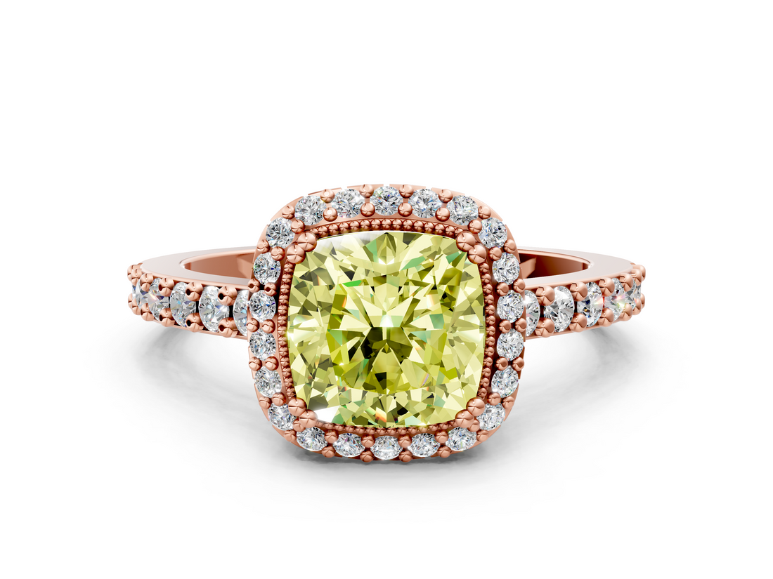 Rose gold Fancy Yellow Cushion  Cut Halo Diamond Ring with Pave Band and Four-Prong Setting_24