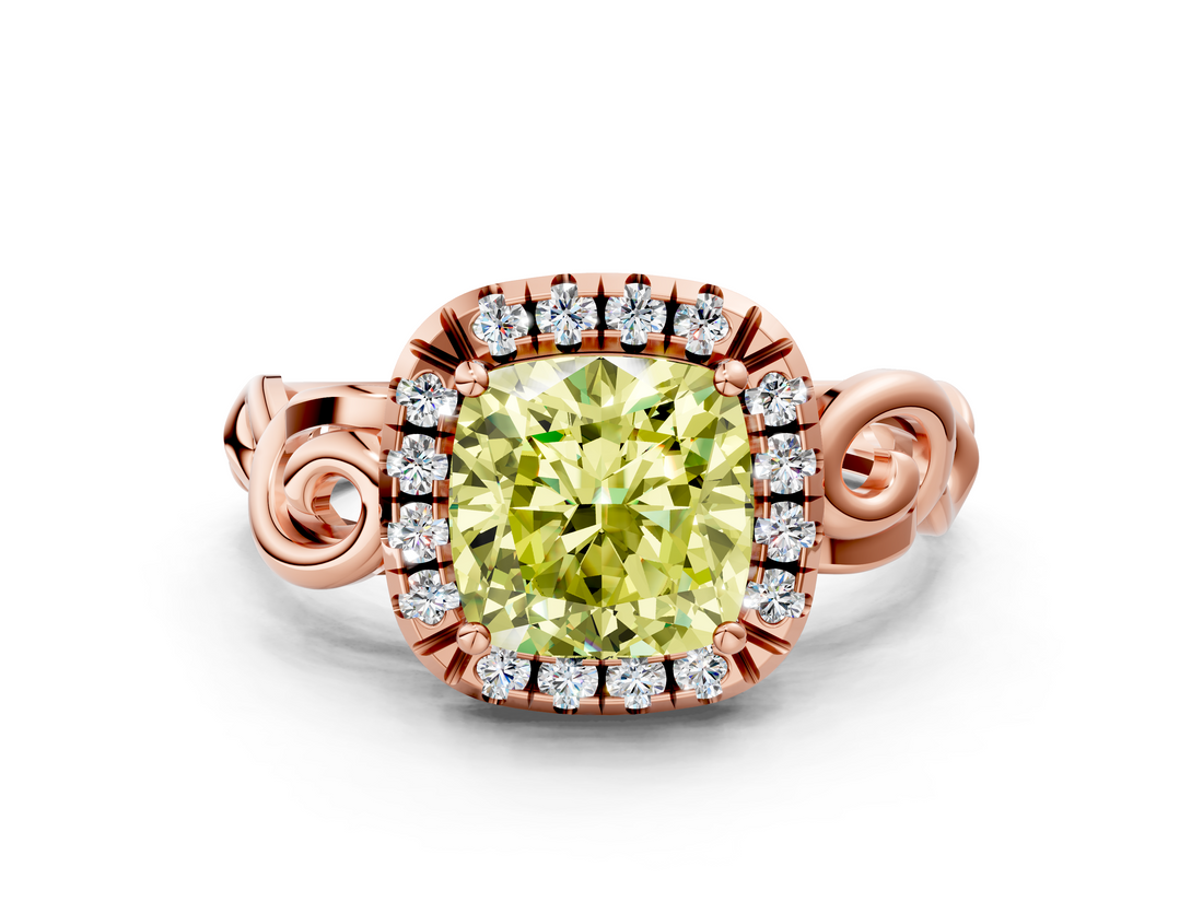 Rose gold Fancy Yellow Cushion  Cut Halo Diamond Ring with Scrollwork Band and Four-Prong Setting_82