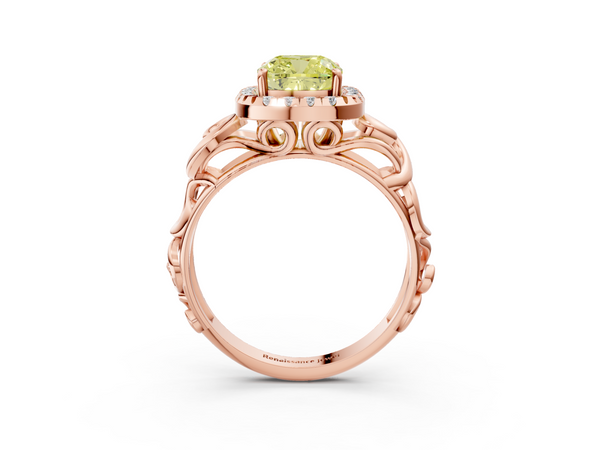 Rose gold Fancy Yellow Cushion  Cut Halo Diamond Ring with Scrollwork Band and Four-Prong Setting