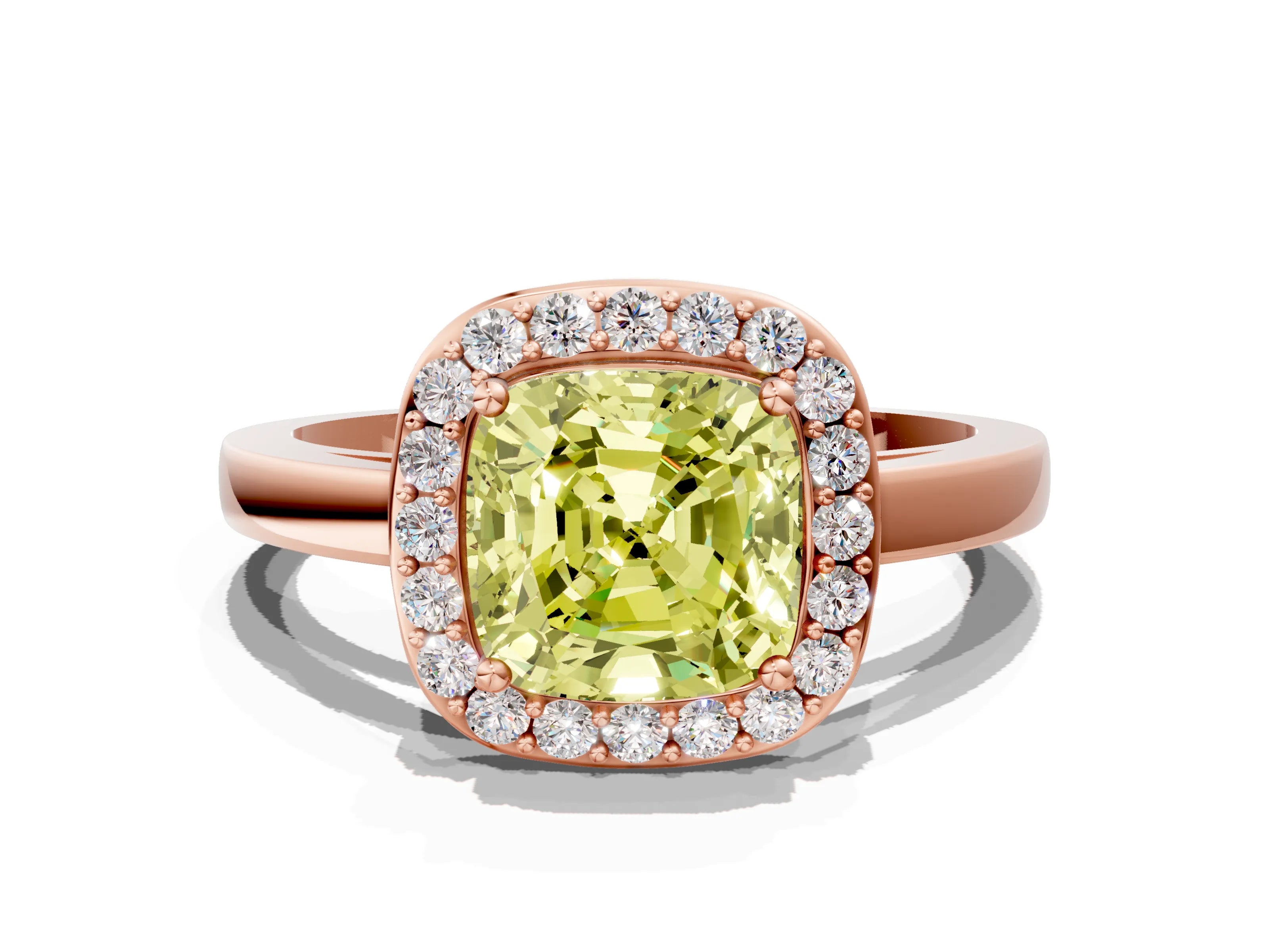 Rose gold Fancy Yellow Cushion Cut Halo Diamond Ring with Solitaire Band and Prong Setting