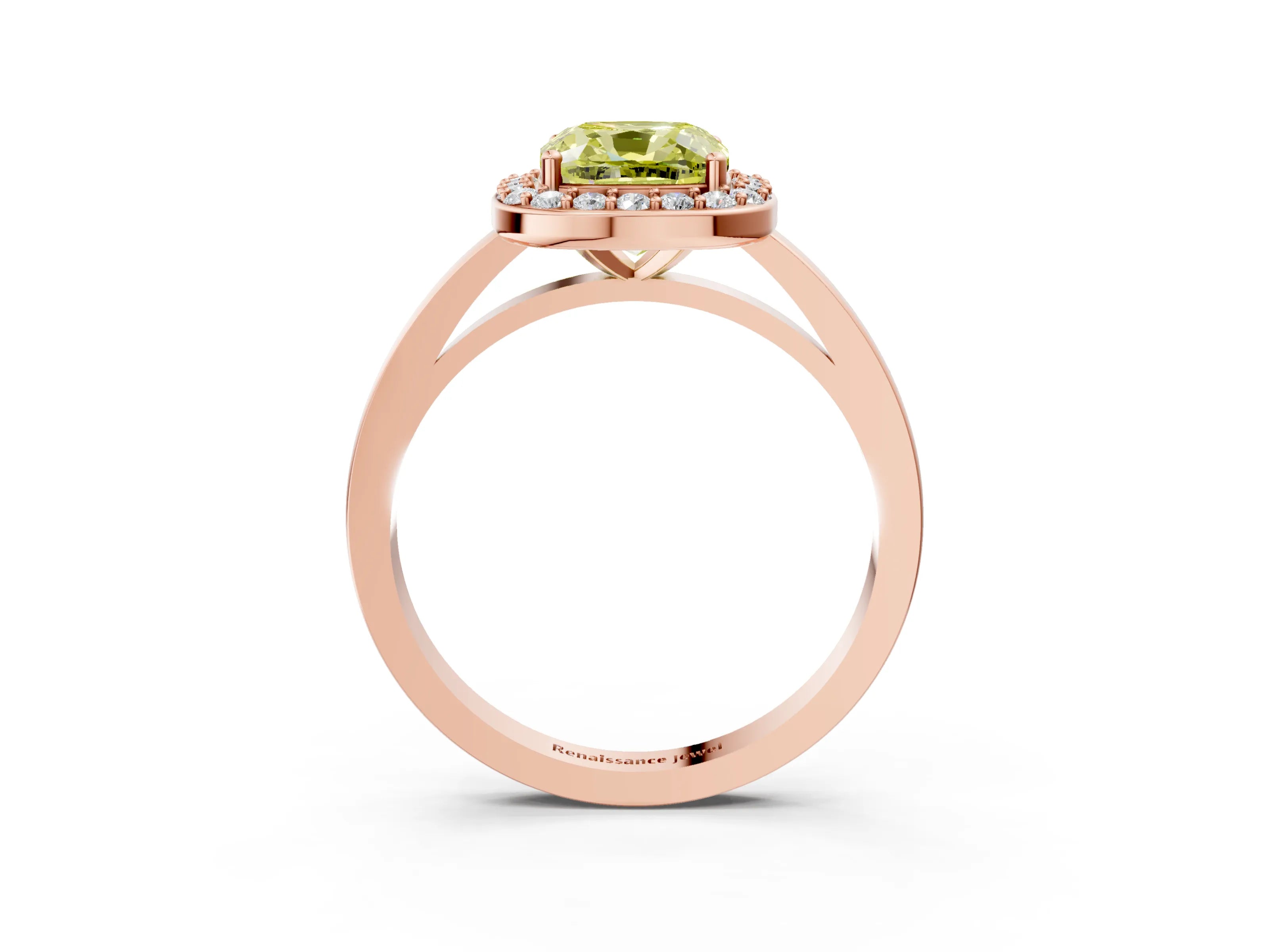 Rose gold Fancy Yellow Cushion Cut Halo Diamond Ring with Solitaire Band and Prong Setting_3
