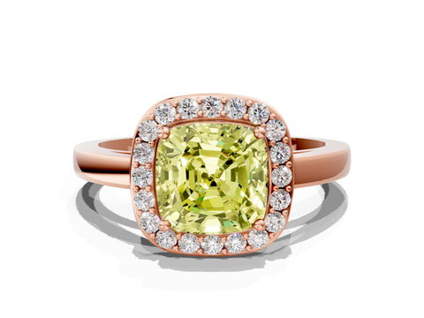 Rose gold Fancy Yellow Cushion Cut Halo Diamond Ring with Solitaire Band and Prong Setting