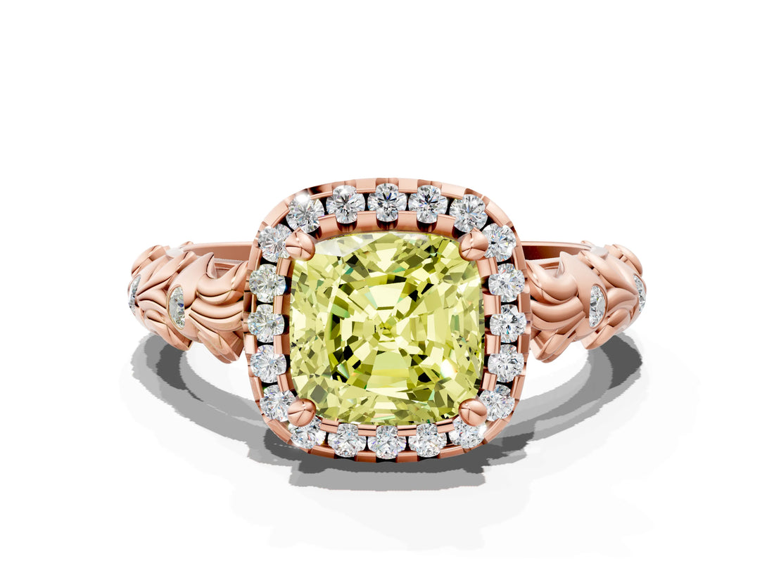 Rose gold Fancy Yellow Cushion Cut Halo Diamond Solitaire with Filigree Band and Four-Prong Setting