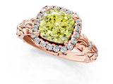 Rose gold Fancy Yellow Cushion Cut Halo Diamond Solitaire with Filigree Band and Four-Prong Setting_1