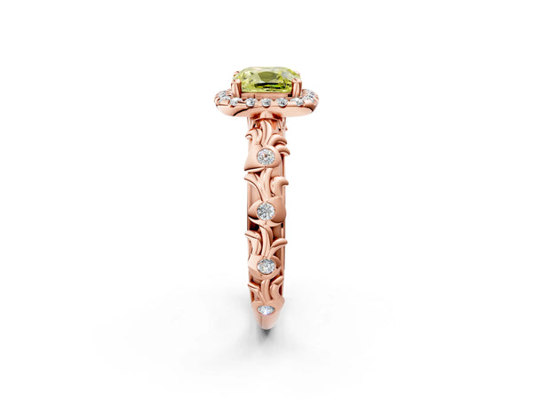 Rose Gold Cushion Cut Leaf Halo Engagement Ring Setting for Fancy Yellow Center