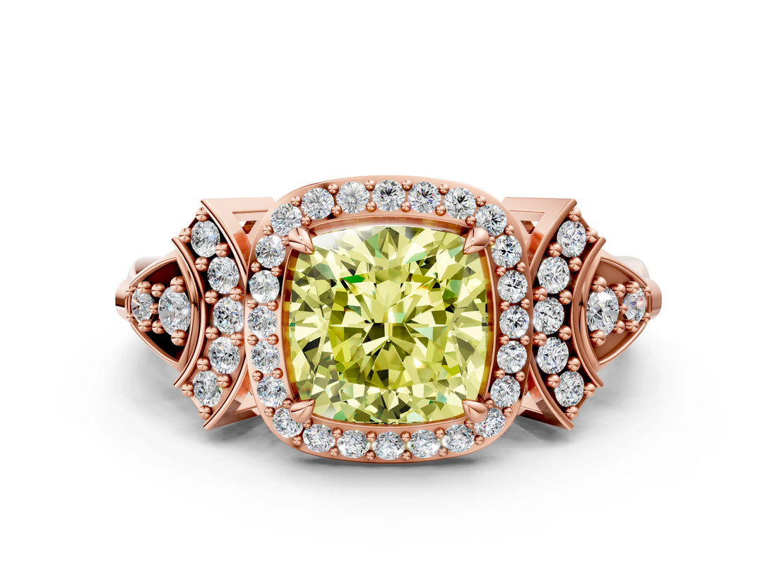 Rose gold Fancy Yellow Cushion Cut Halo Diamond Split Shank Engagement Ring with Four-Prong Setting