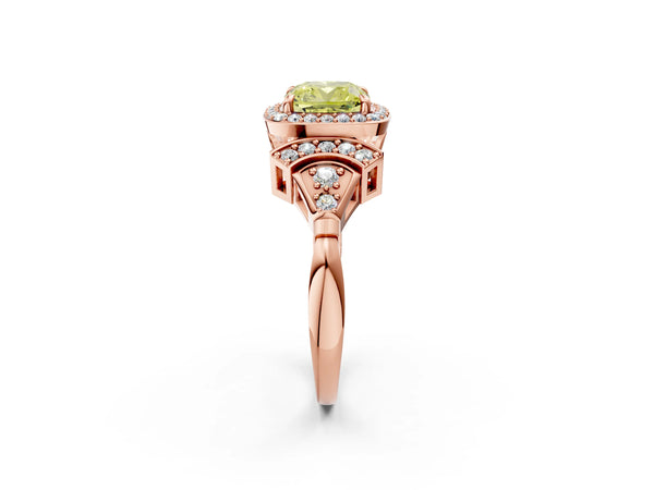 Rose Gold Cushion Cut Halo Engagement Ring Setting for Fancy Yellow Center with Arched Pave