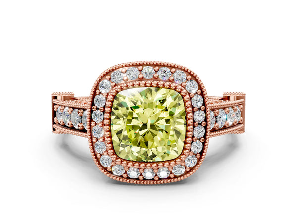 Rose Gold Cushion Cut Vintage Bezel Halo Engagement Ring Setting for Fancy Yellow Center